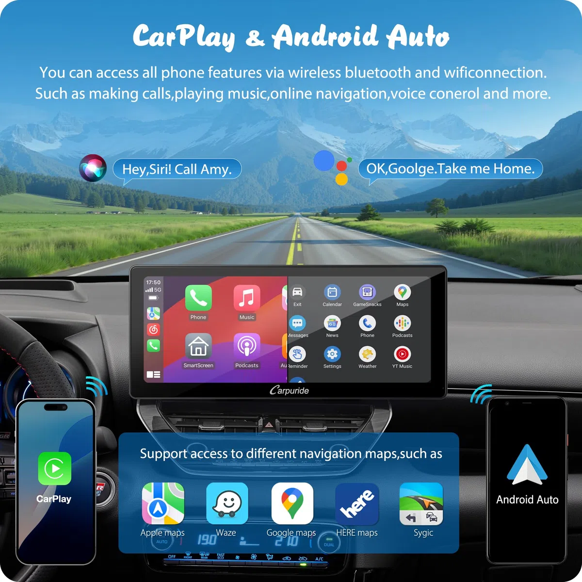 Carpuride W103 Pro avec Transmission Bluetooth sans Fil, Autoradio Portable CarPlay et Android Auto, écran Tactile 10,3 Pouces 1080P, Mirror Link/GPS/Siri/FM, avec 3 Supports