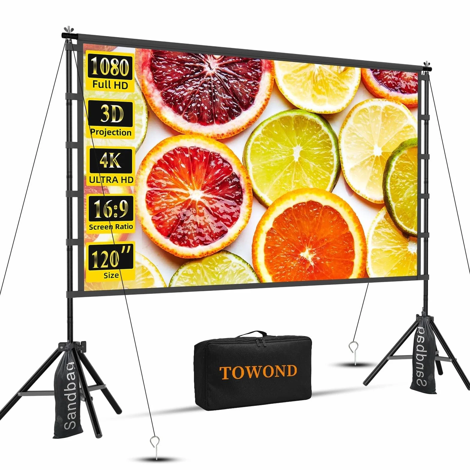 TOWOND Écran de projection 120 pouces avec support, pliable, portable, 16:9 HD, écran de projection extérieur pour home cinéma et jardin, projection avant et arrière, en polyester anti-rides lavable