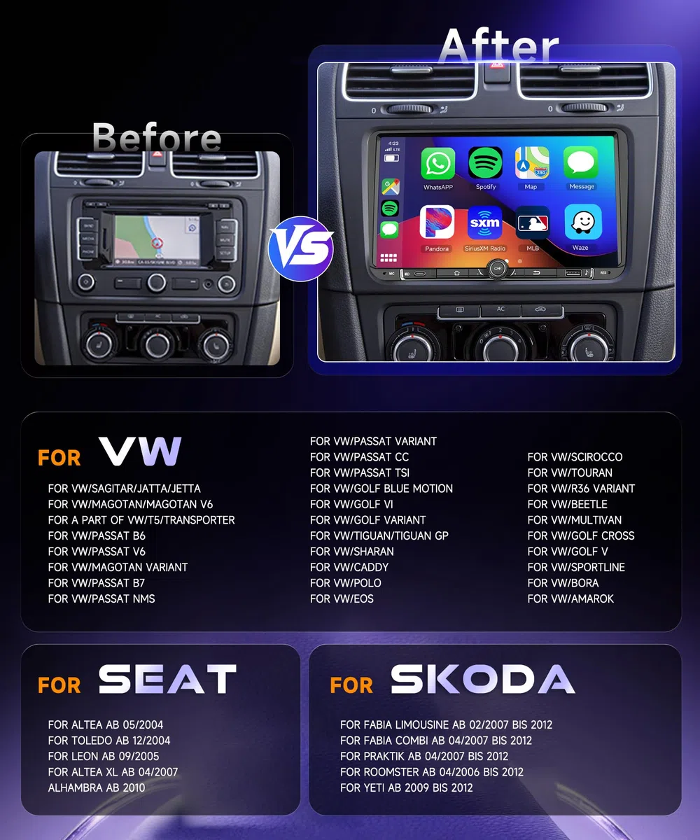 4G/64G VECHTEL 9" Autoradio pour VW Golf 5/6 Polo Passat Skoda Touran Tiguan Seat Carplay Android Auto sans Fil,EQ,WiFi GPS,Mirror Link,RDS/FM Radio 2 Din,Bluetooth Autoradio avec caméra de recul