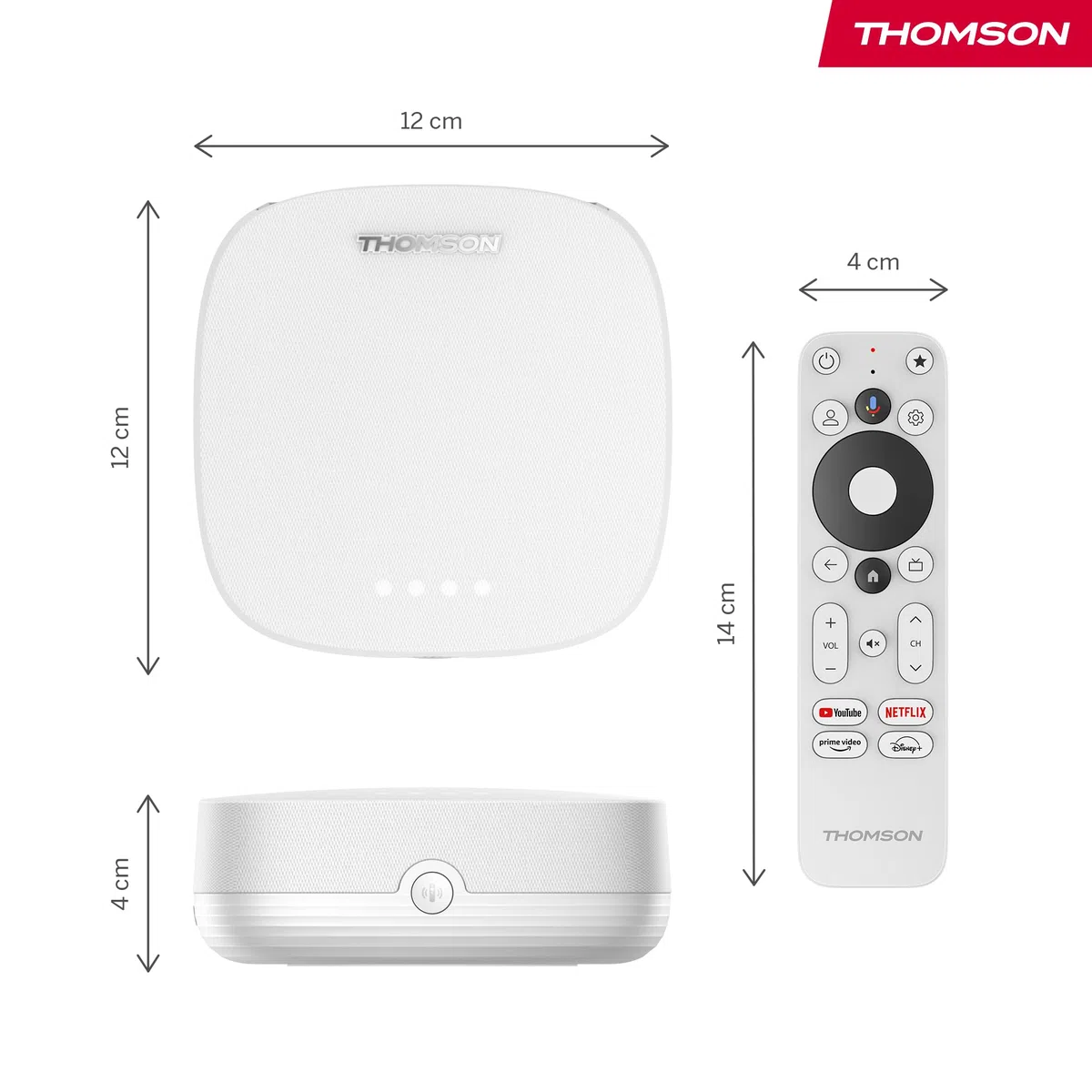 Thomson Streaming Box Plus 270 Blanc, Google TV, 4K UHD, Haut-Parleur intégré pour Commande vocale Mains Libres, Google Cast, Netflix, Disney+, Wi-FI, Adaptateur Secteur Multi-Prises, 3 Go de RAM, 32
