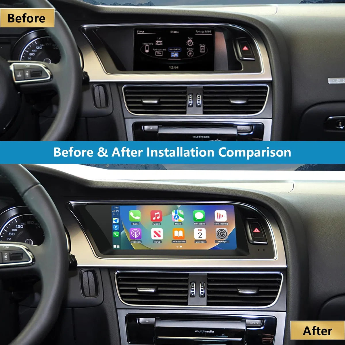 Autoradio écran Tactile 8,9" avec Carplay sans Fil et Android Auto pour 2008-2016 Audi A5 S5 avec système 3G MMI+, Prend en Charge Mirrorlink, Caméra, Navigation