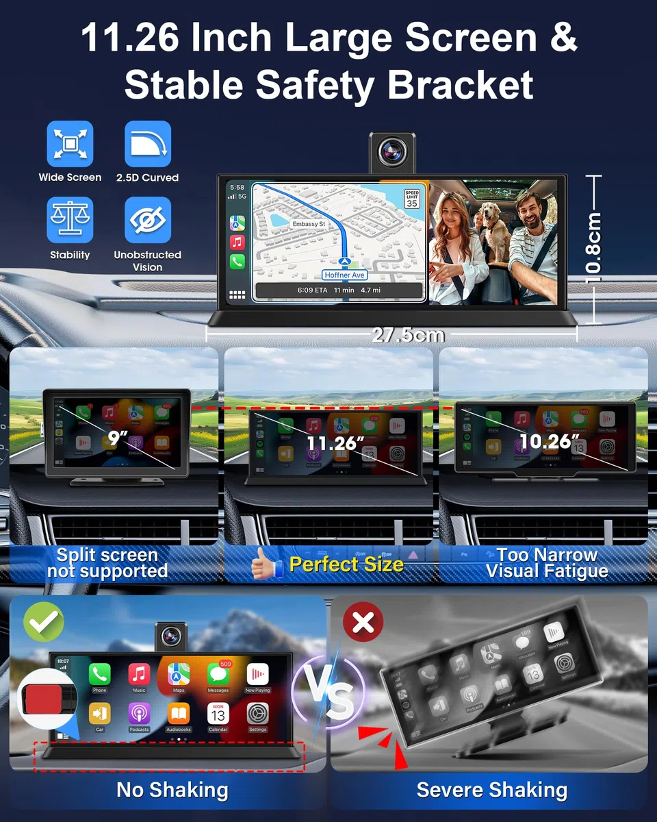 11,26 Pouces Ecran Carplay Voiture, 4K Ecran Voiture avec Caméra Frontale 350° Carplay Android Auto Car Play Voiture pour Siri G-oogle Navigation GPS