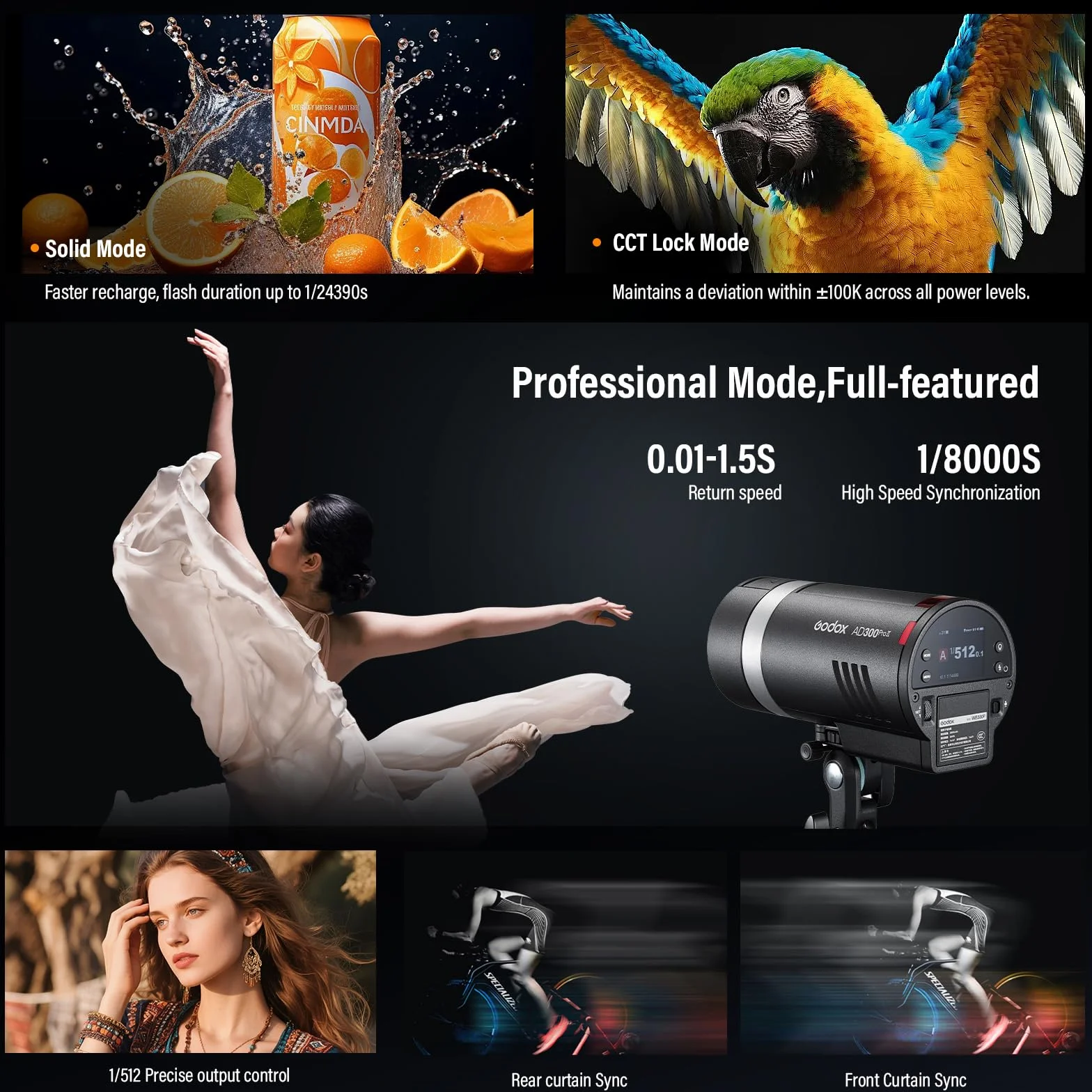 GODOX AD300Pro II AD300 ProII 300Ws TTL Flash Strumental Extérieur HSS 1/8000s 350 Flashes Réglage à 10 Niveaux Indicateur de 16 Groupes Lampe de Modélisation Bicolore 12W 2800K-6000K (AD300Pro 2026)