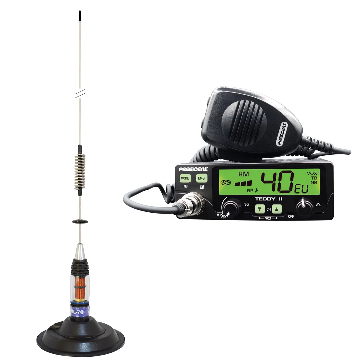 PNI CB President Teddy II ASC AM/FM, VOX, NB, ANL Kit Radio 12 V + antenne CB PNI ML70, Longueur 70 cm, 26-30 MHz, 200 W